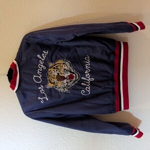 Navy Blue Bomber Jacket with Embroidered Tiger, Red and White Accents